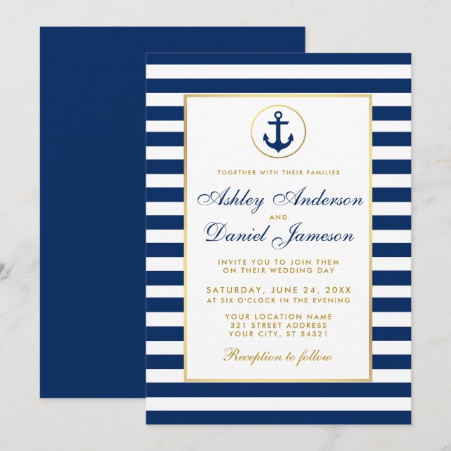 Convite Dourado B para Casamento Náutico Blue Stri (Frente/Verso)