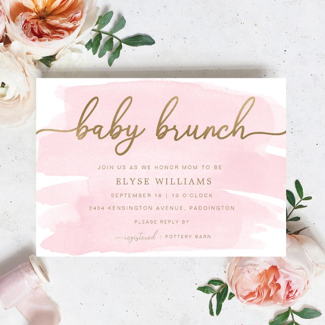 Convite Dourado Bebê Cor de Água Rosa Brunch (Baby Shower Brunch Invitation Pink Watercolour Gold)