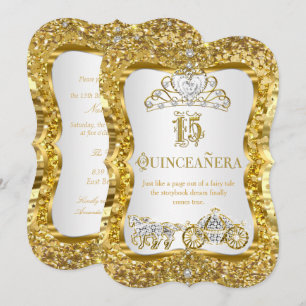 Convite Dourado Branco Tiara Mágica Quinceanera