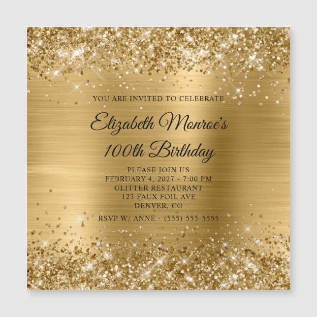 Convite Dourado Brilhante Folha de Ouro 100º Aniversário (Frente)