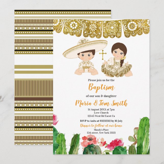 Convite Dourado Cactus Baptism Fiesta Twin (Frente/Verso)