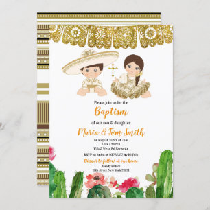 Convite Dourado Cactus Baptism Fiesta Twin
