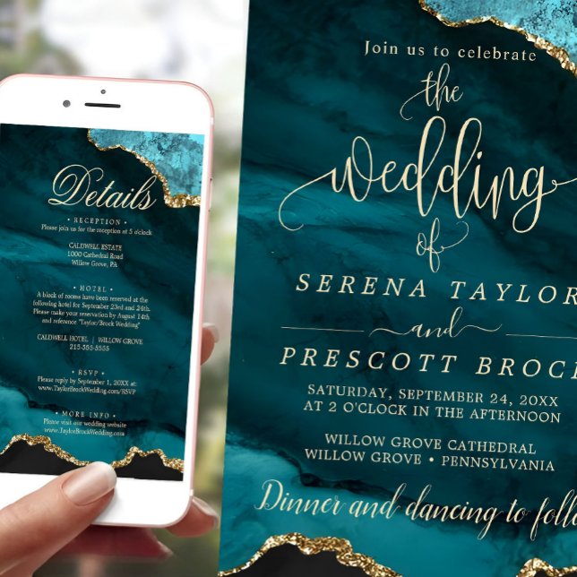 Convite Dourado de Casamento Blue Emerald para dow (wedding invitation)