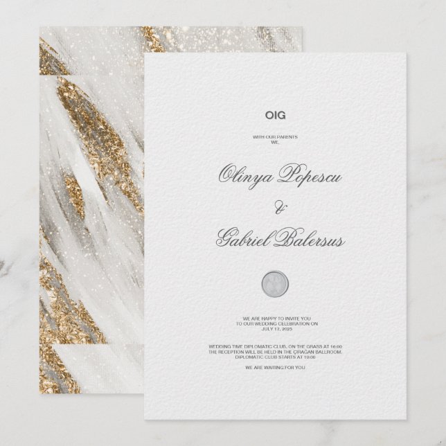 Convite Dourado de Casamento Chic Foil Branco (Frente/Verso)