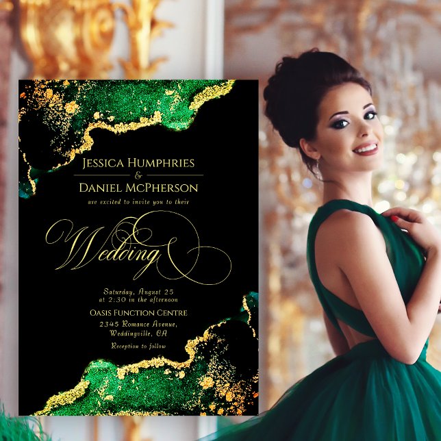Convite Dourado de Casamento de Bronze Verde sofis (Sophisticated Green Bronze Gold Wedding Invitation)