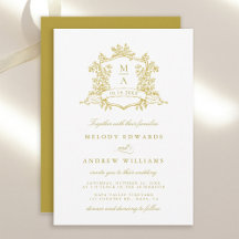 Convite Dourado de Casamento de Crest Floral Cláss