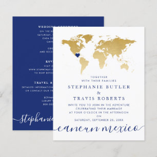 Convite Dourado de Casamento de Destino de Mapa Az