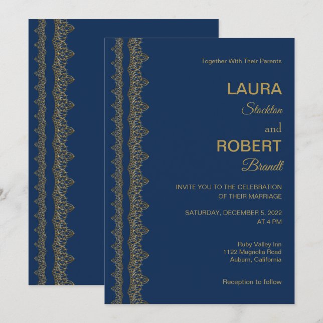 Convite Dourado de Casamento de Fronteira de Arte  (Frente/Verso)