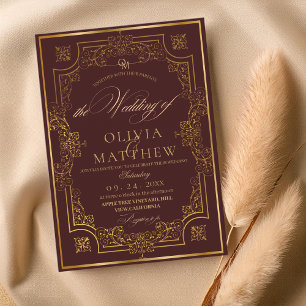 Convite Dourado de Casamento de Script Burgundy