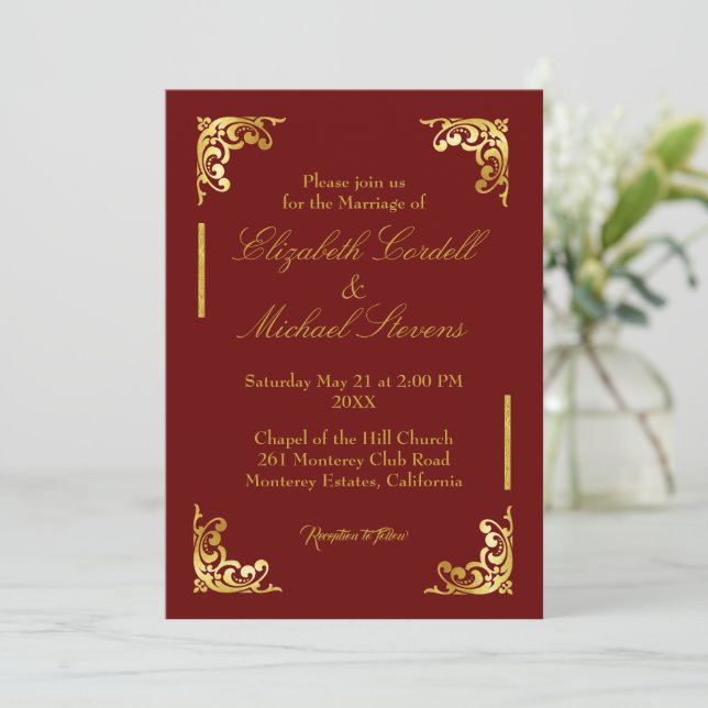 Convite Dourado de Casamento de Script Burgundy Fa (Em pé/Frente)