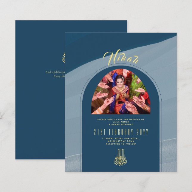 Convite Dourado de casamento FOTO NIKAH Blue (Frente/Verso)