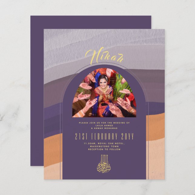 Convite Dourado de casamento FOTO NIKAH Plum (Frente/Verso)