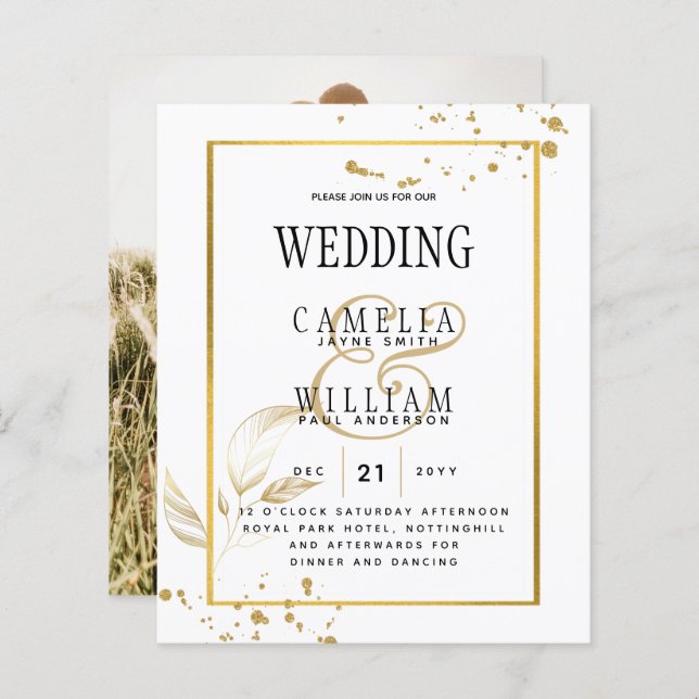 Convite Dourado de casamento FOTOGRÁFICO DO ORÇAME (Frente/Verso)