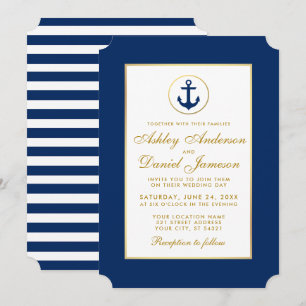 Convite Dourado de Casamento Náutico Azul Stripin