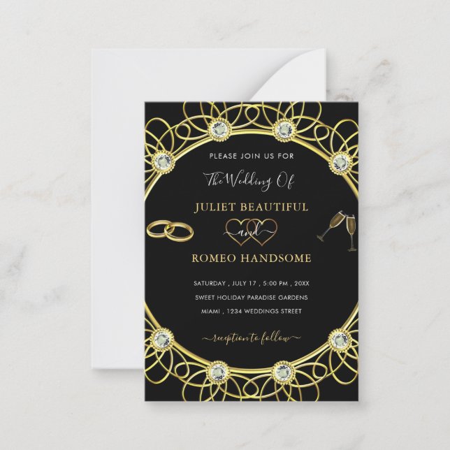 Convite Dourado de Casamento Negro de Luxo Diamond (Frente)