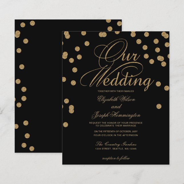 Convite Dourado de Confetti para Casamento de Conf (Frente/Verso)