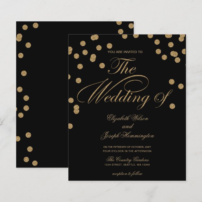 Convite Dourado de Confetti para Casamento de Conf (Frente/Verso)