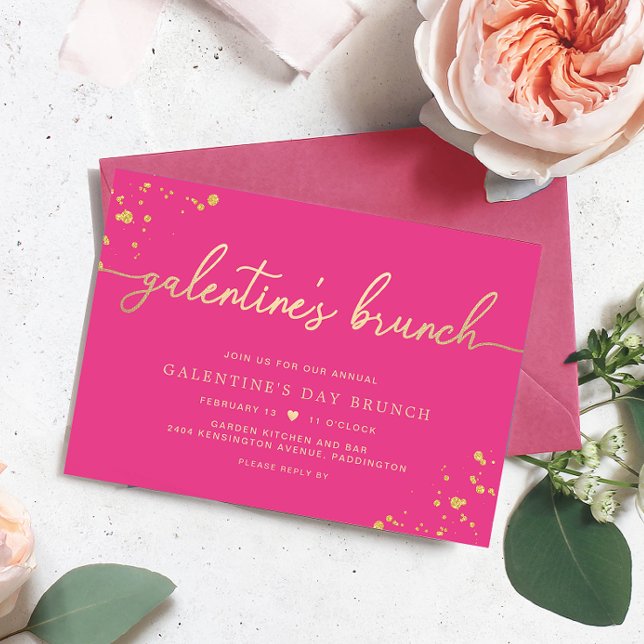 Convite Dourado de Dia de Galentina, Rosa-Quente,  (Galentines Brunch Invitation Hot Pink Paintly Gold )