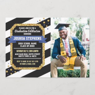 Convite Dourado de Lista de Fotos Azul de Graduaç