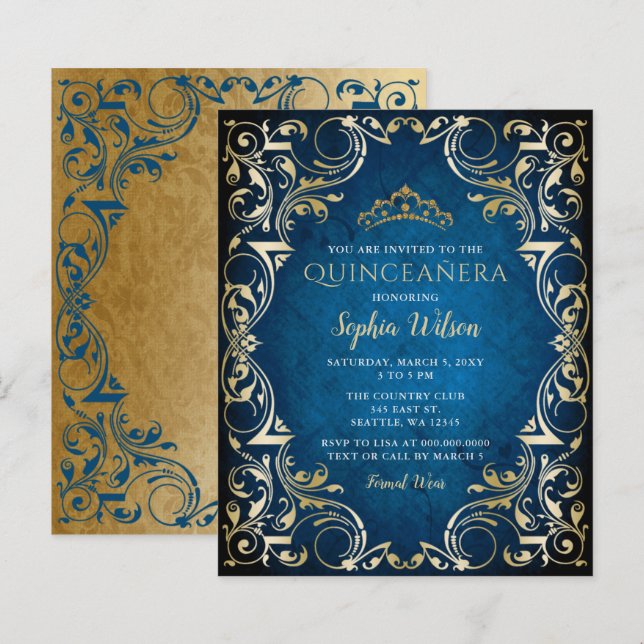 Convite Dourado de Tiara Quinceañera (Frente/Verso)