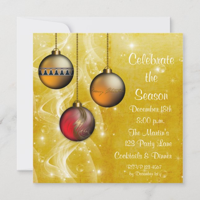 Convite Dourado do feriado do fulgor dos ornamento (Frente)