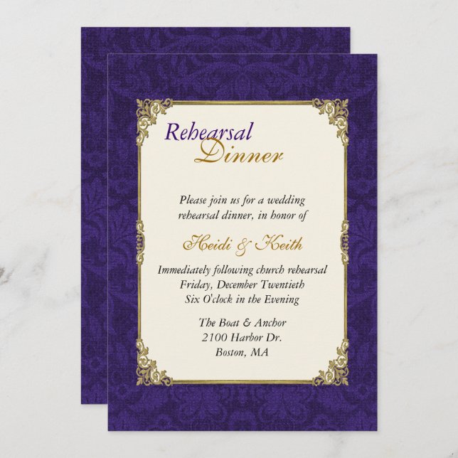 Convite Dourado do jantar de ensaio do roxo & do (Frente/Verso)