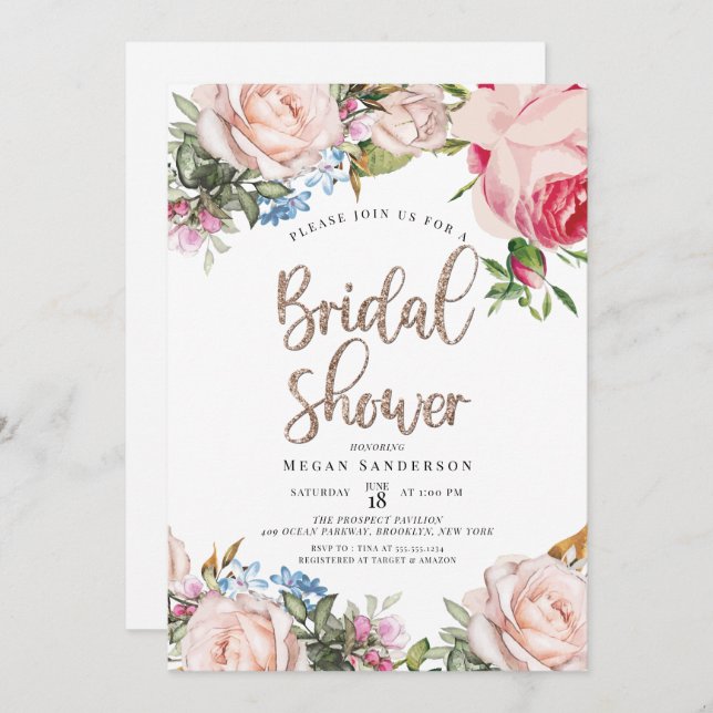 Convite Dourado e Floral Bridal Brunch (Frente/Verso)