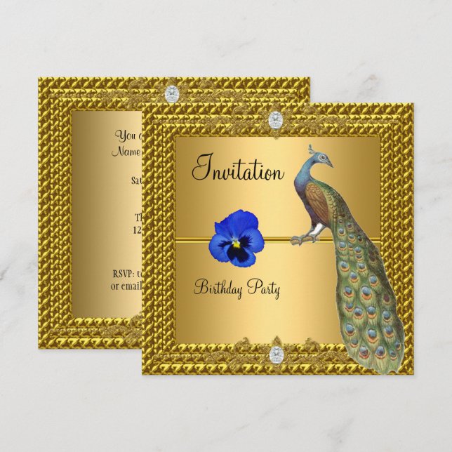 Convite Dourado e Pavão Único e Elegante (Frente/Verso)