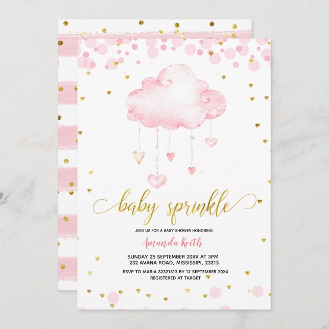 Convite Dourado e Rosa Raincloud Baby Sprinkle (Frente/Verso)