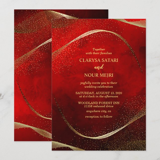 Convite Dourado e Vermelho Moderno e Sofisticado (Frente/Verso)