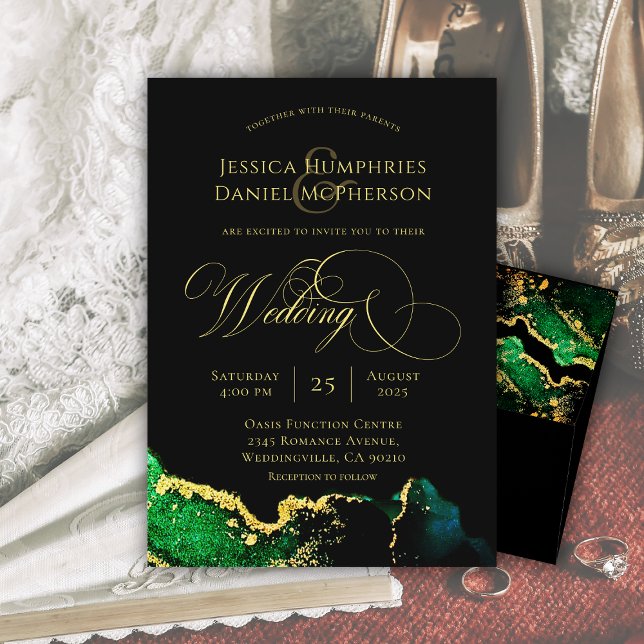 Convite Dourado Eethal Emerald Green (Ethereal Emerald Green Gold Wedding Invitation)