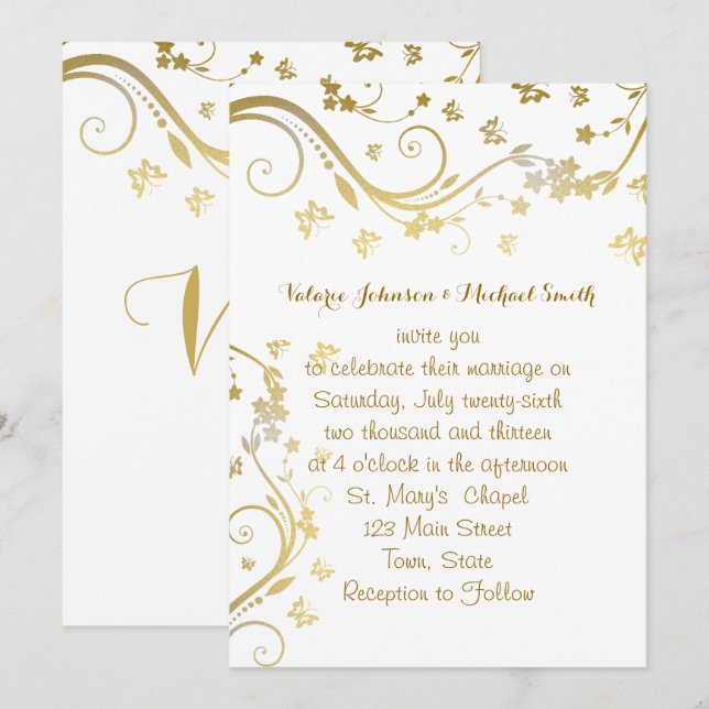 Convite Dourado Elegante, Casamento Personalizado (Frente/Verso)