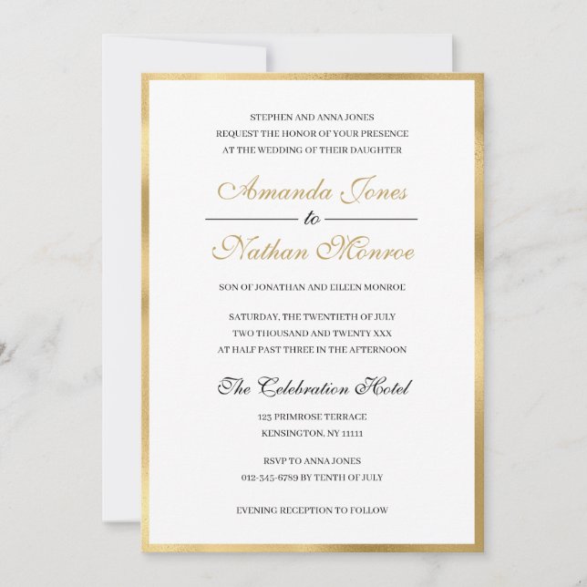 Convite Dourado Elegante Clássico para Casamento B (Frente)
