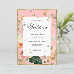 Convite Dourado Elegante Floral Rosa