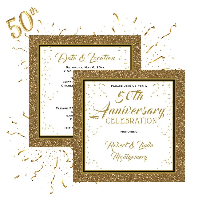 Convite Dourado Elegante para 50 anos (50th Anniversary Elegant Gold Invitation)