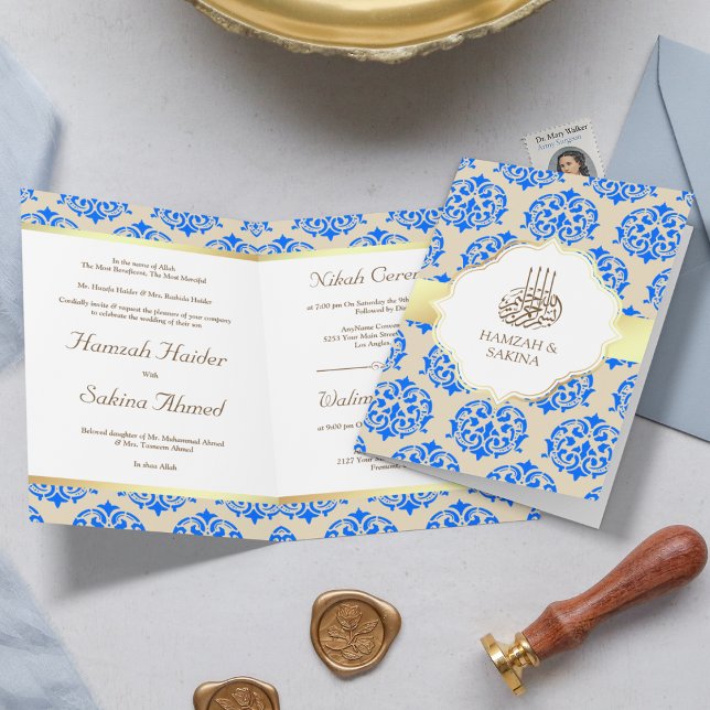 Convite Dourado Falso em Folha Azul Real Damasco Casamento (Criador carregado)