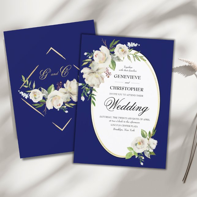 Convite Dourado Floral Azul Elegante Boho (ELEGANT CLASSY BLUE BOHO WHITE ROSE FLORAL WEDDING INVITATION)