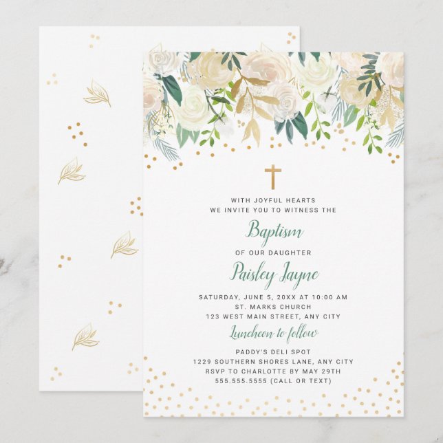 Convite Dourado floral branco do baptismo dos (Frente/Verso)