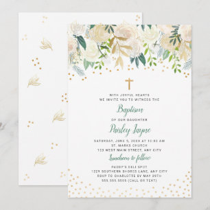 Convite Dourado floral branco do baptismo dos