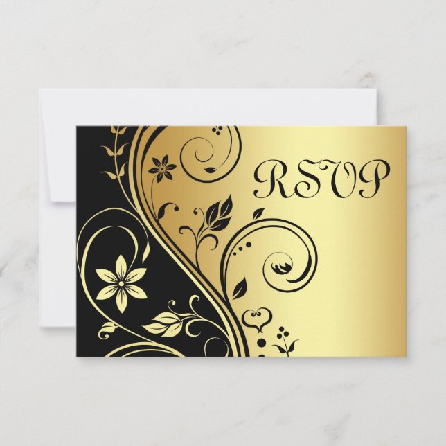 Convite Dourado Floral De Casamento Rsvp Preto (Frente)