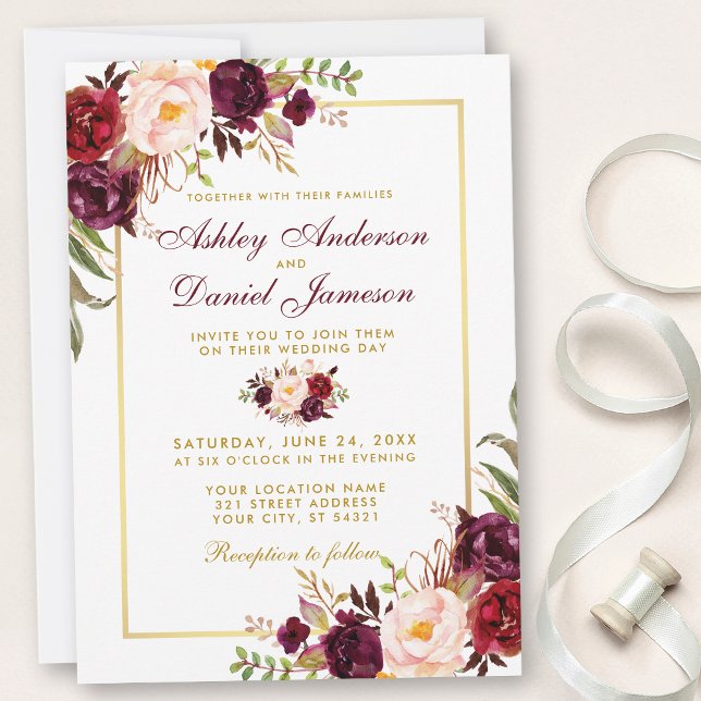 Convite Dourado Floral para Casamento Burgundy Wat (Customize to change text color, style or to add text & photos to back of card.)