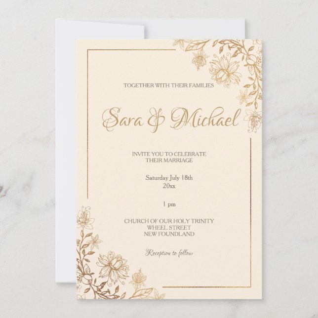 Convite Dourado Floral para Casamento Flourish (Frente)