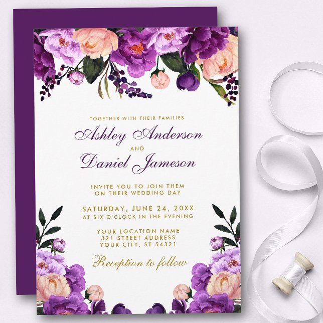 Convite Dourado Floral Purple (Customize to change text color, style, add text & photos to back or change color of back of card.)