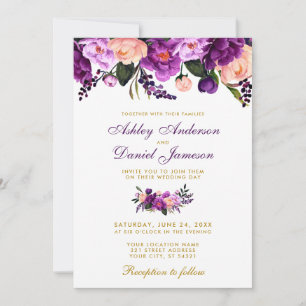 Convite Dourado floral roxo ultravioleta do