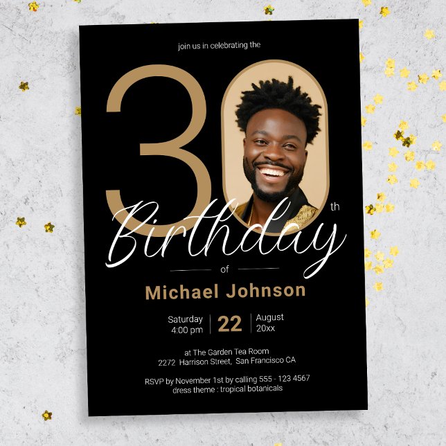 Convite Dourado para aniversário de 30 anos Preto (Mockup View)