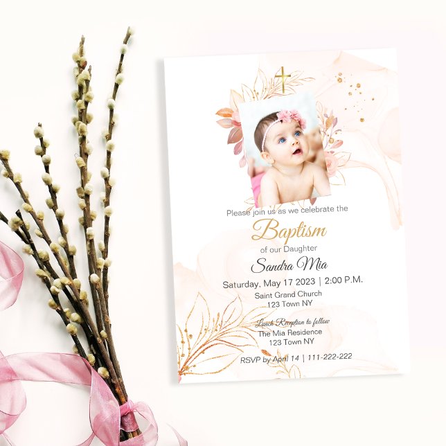 Convite Dourado para Batismo de Pêssego (Gold Peach Baptism Invite)
