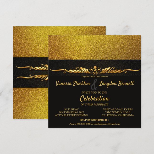 Convite Dourado para Casamento Clássico Glitzy (Frente/Verso)