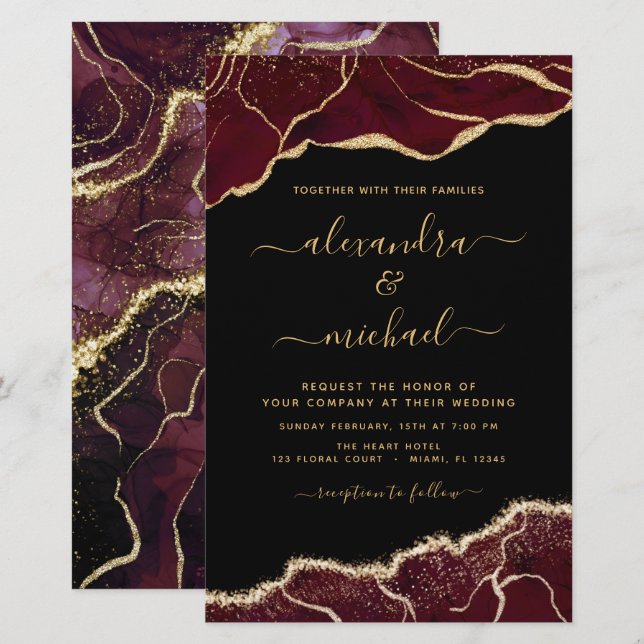 Convite Dourado para Casamento de Agata Burgundy (Frente/Verso)