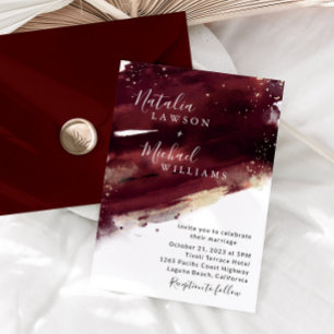 Convite Dourado para Casamento de Aquarela Burgund