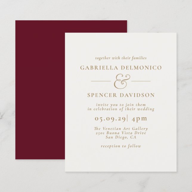 Convite Dourado para Casamento de Creme Burgundy B (Frente/Verso)